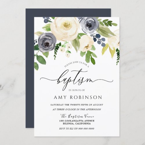 Navy Champagne Watercolor Floral Girl Boy Baptism Invitation
