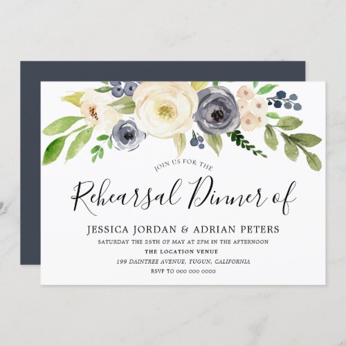 Navy Champagne Watercolor Flowers Rehearsal Dinner Invitation