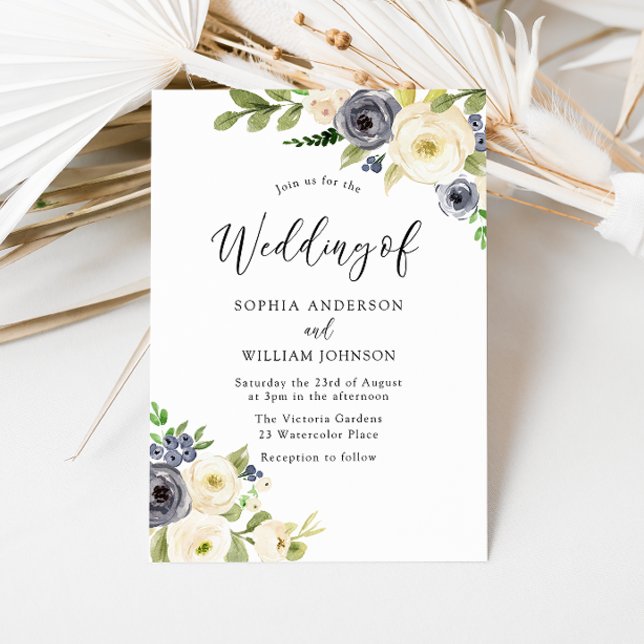 Navy & Champagne Watercolor Flowers Wedding Invitation (Creator Uploaded)