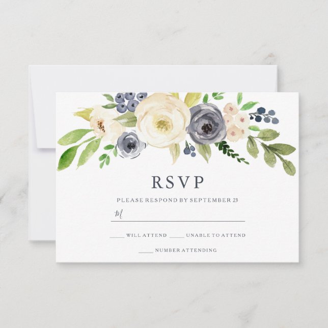 Navy & Champagne Watercolor Flowers Wedding RSVP Card (Front)