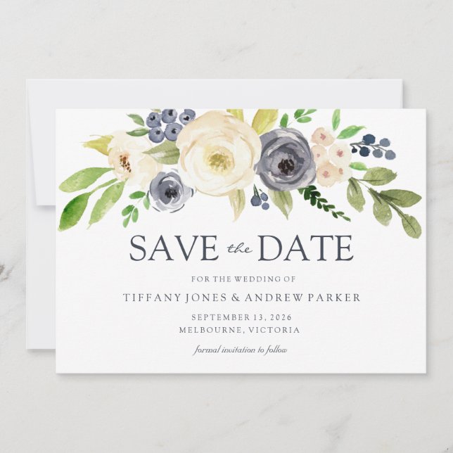 Navy & Champagne Watercolor Flowers Wedding Save The Date (Front)