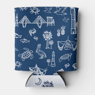 Navy Charleston Toile Pattern Can Cooler