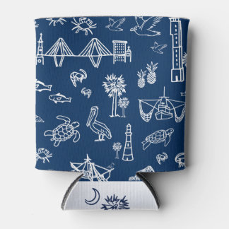 Navy Charleston Toile Pattern Can Cooler