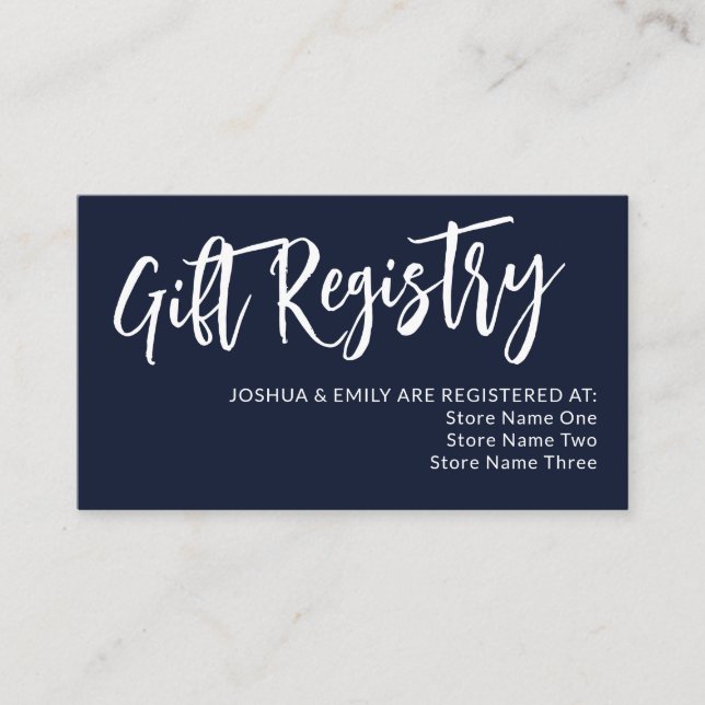 Navy Charming Calligraphy Wedding Registry Enclosure Card (Front)