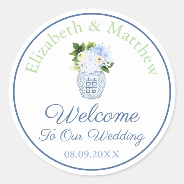 Navy & Chartreuse Chinoiserie Chic Wedding Welcome Classic Round Sticker (Front)
