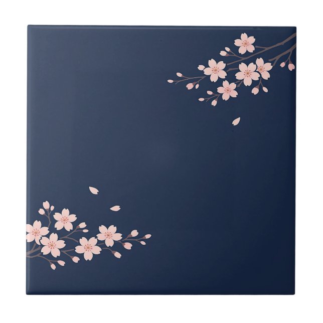 Navy Cherry Blossom Branch Ceramic Tile (Front)