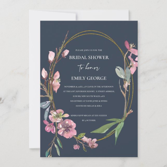 NAVY CHERRY BLOSSOM FLORAL BRIDAL SHOWER INVITE (Front)