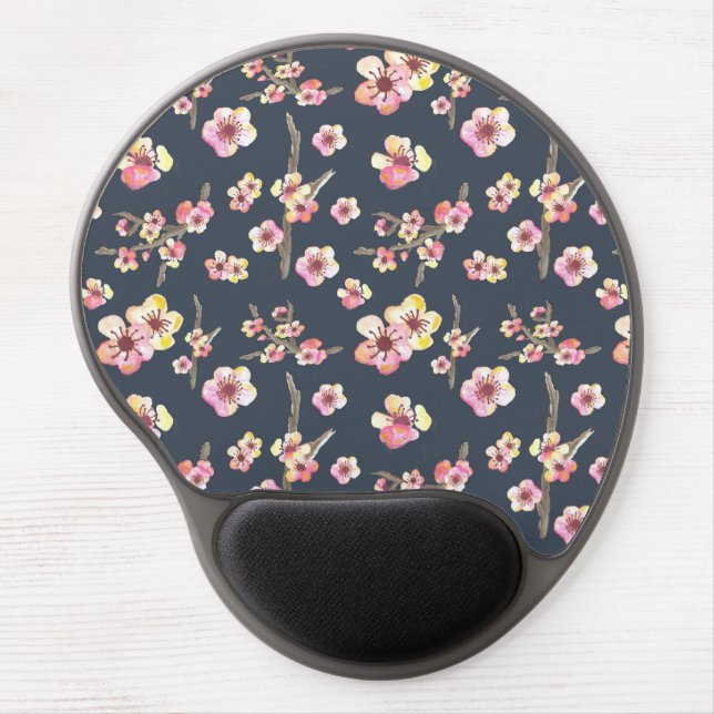 Navy Cherry Blossom Floral Gel Mouse Pad (Front)
