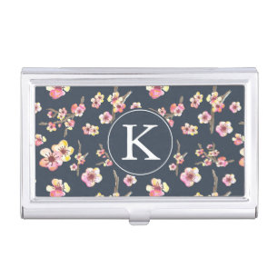 Navy Cherry Blossom Floral Monogram Case For Business Cards