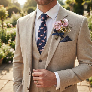 Navy Cherry Blossom Soft Pink Sakura Floral Neck Tie