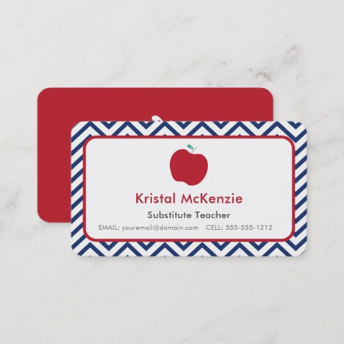 Navy Chevron and Red Apple Teacher Business Cards