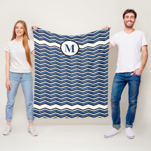 Navy Chevron Blue Gray Nautical Monogram Fleece Blanket