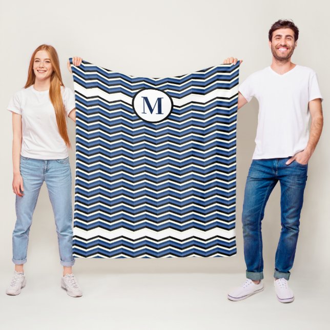 Navy Chevron Blue Gray Nautical Monogram Fleece Blanket (In Situ)