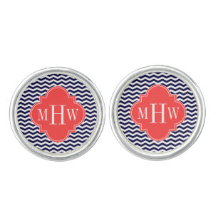 Navy Chevron Coral Red Quatrefoil 3 Monogram Tn Cufflinks
