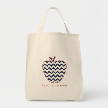 Navy Chevron & Coral Teacher Apple Tote Bag by thepinkschoolhouse at Zazzle