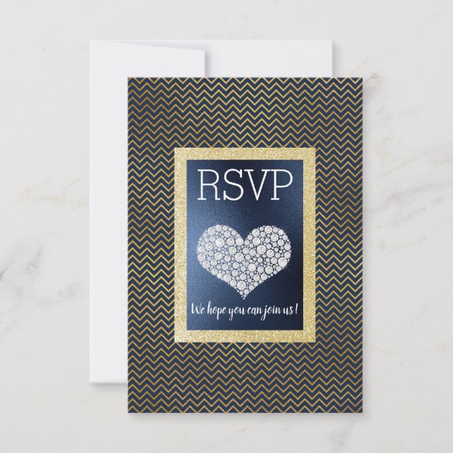 Navy Chevron Gold Heart RSVP simple elegant Card (Front)