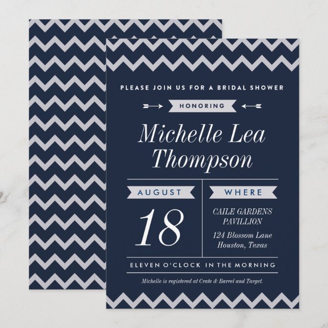 Navy Chevron Stylish Bridal Shower Invitations (Front/Back)