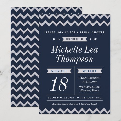 Navy Chevron Stylish Bridal Shower Invitations