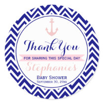 Navy Chevron with Baby Pink Nautical Baby Shower Classic Round Sticker