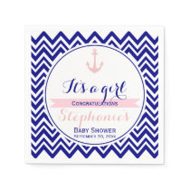 Navy Chevron with Baby Pink Nautical Baby Shower Paper Napkins