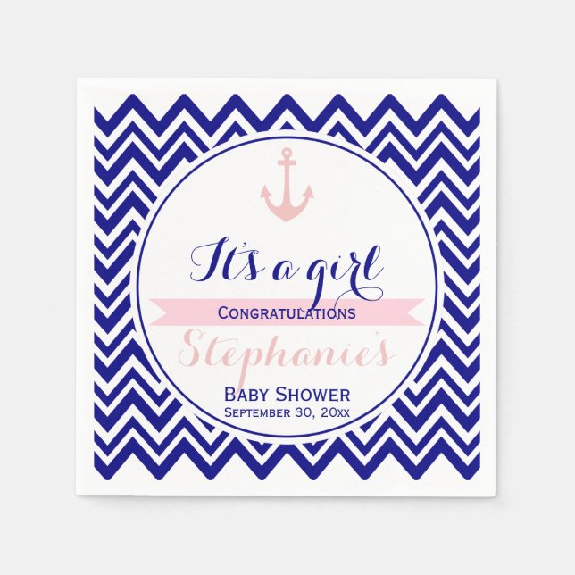 Navy Chevron with Baby Pink Nautical Baby Shower Paper Napkins (Front)