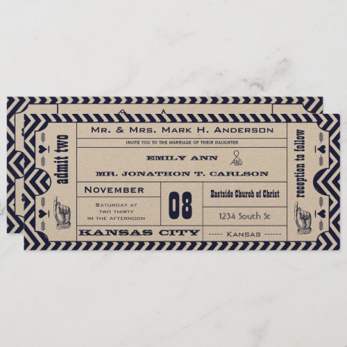 Navy Chevron Zig Zag Vintage Modern Ticket Wedding Invitation