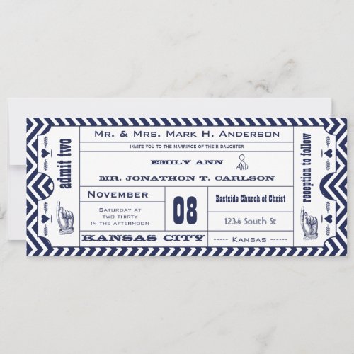 Navy Chevron Zig Zag Vintage Modern Ticket Wedding Invitation