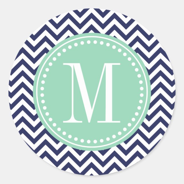 Navy Chevron Zigzag Personalized Monogram Classic Round Sticker (Front)