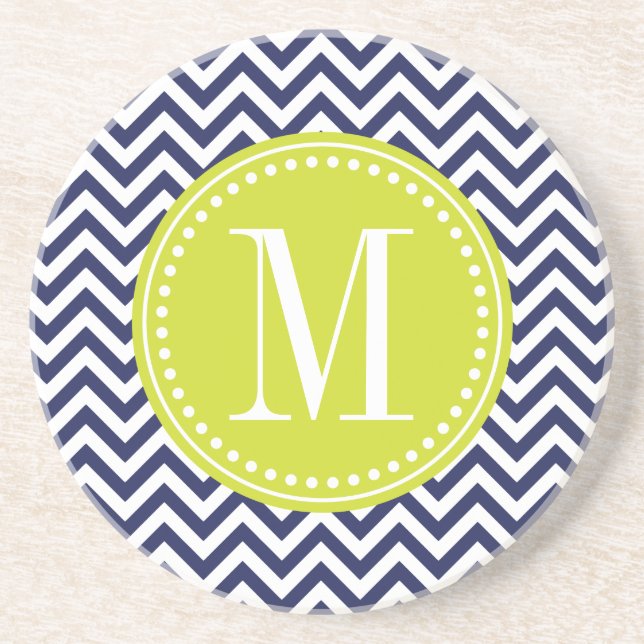 Navy Chevron Zigzag Personalized Monogram Drink Coaster (Front)