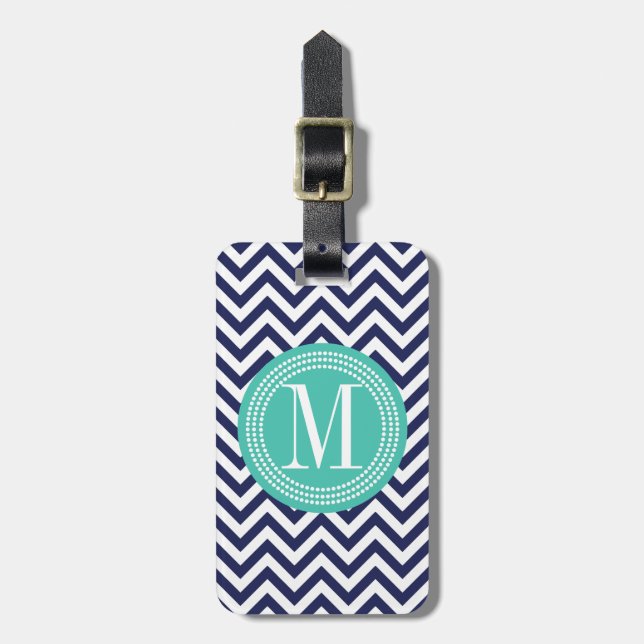 Navy Chevron Zigzag Personalized Monogram Luggage Tag (Front Vertical)