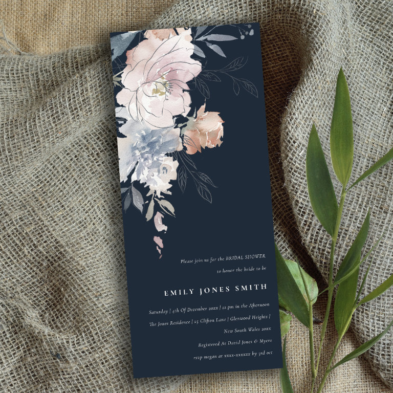 Navy Chic Blush Watercolor Floral Bridal Shower                    Invitation
