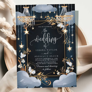 Navy Chic Golden Chandelier Wedding Invitation