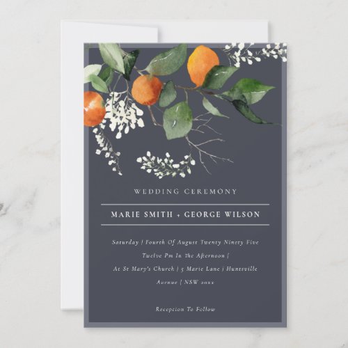 Navy Chic Orange Blossom Botanical Wedding Invite