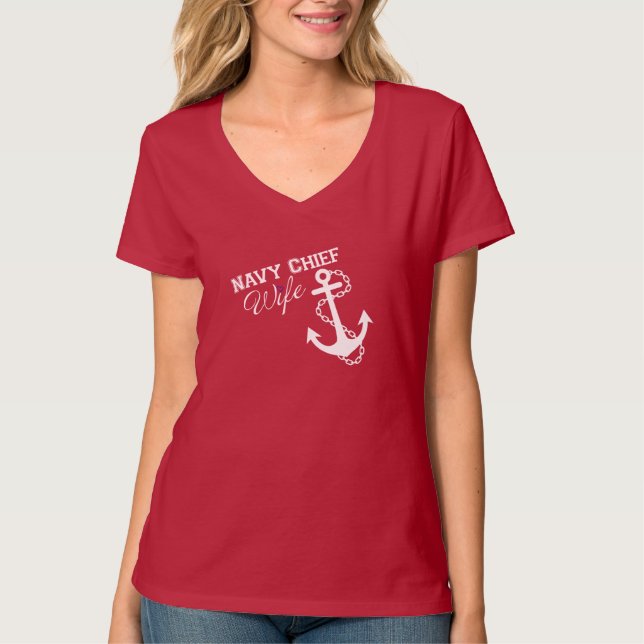Navy Chief Wife - Red with Blue Heart T-Shirt (Front)