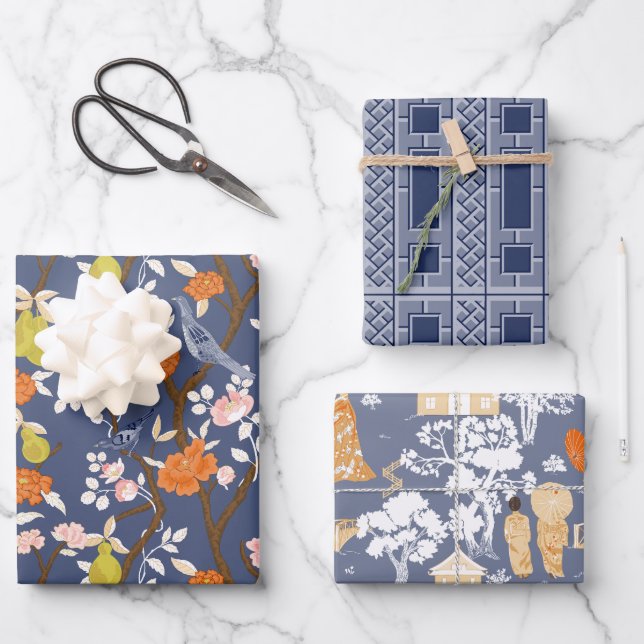 Navy Chinoiserie Birds and Pagodas Wrapping Paper Sheets (Front)