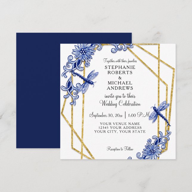 Navy Chinoiserie Dragonfly China Floral Watercolor Invitation (Front/Back)
