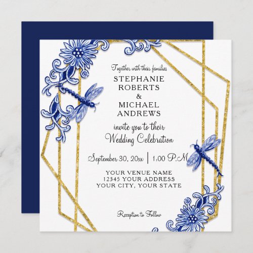 Navy Chinoiserie Dragonfly China Floral Watercolor Invitation