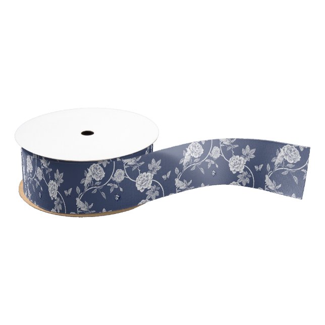 Navy Chinoiserie Floral Grosgrain Ribbon (Spool)