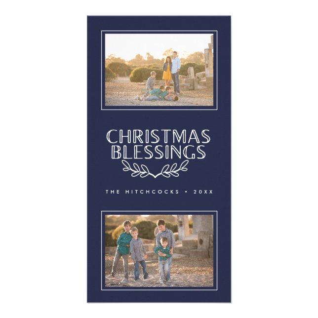 Navy Christmas Blessings and Leaves 2 Photo Card (Front)