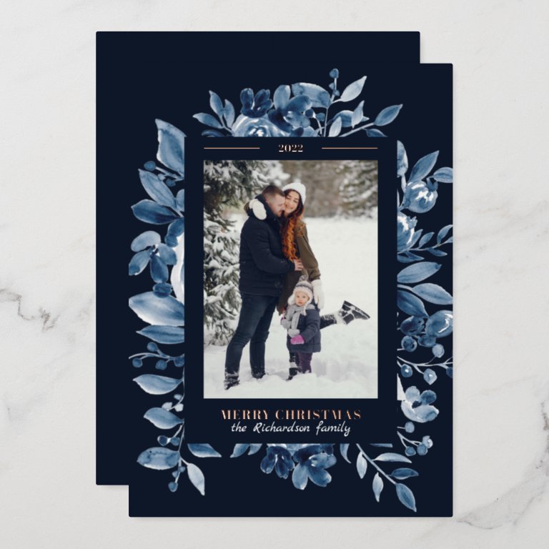 Navy Christmas floral watercolor photo Foil Holiday Card