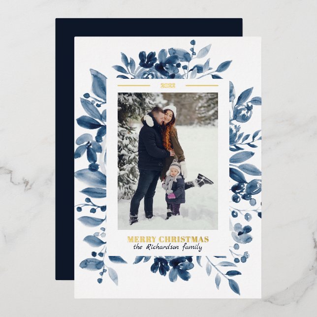 Navy Christmas floral watercolor photo Foil Holiday Card (Front/Back)