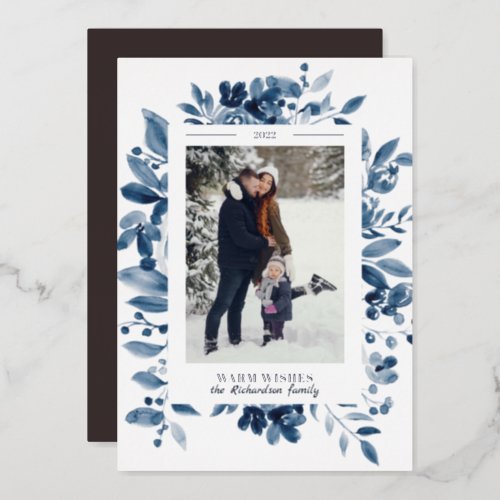 Navy Christmas floral watercolor photo Foil Holiday Card