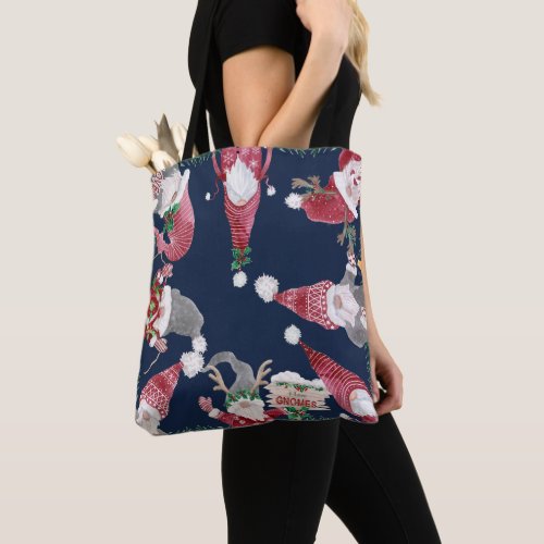 Navy Christmas Gnomes Watercolor Whimsical Elves Tote Bag