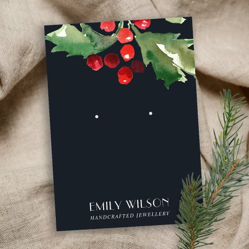 NAVY CHRISTMAS HOLLY BERRY STUD EARRING DISPLAY BUSINESS CARD
