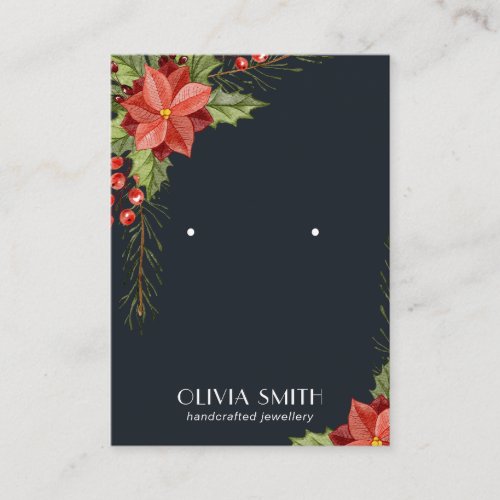 NAVY CHRISTMAS HOLLY BERRY STUD EARRING DISPLAY BUSINESS CARD