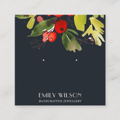 NAVY CHRISTMAS HOLLY BERRY STUD EARRING DISPLAY SQUARE BUSINESS CARD