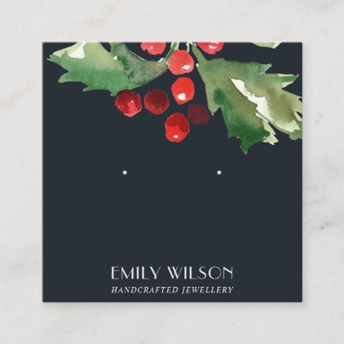 NAVY CHRISTMAS HOLLY BERRY STUD EARRING DISPLAY SQUARE BUSINESS CARD