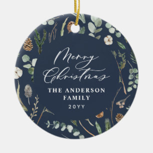 Navy Christmas minimal elegant botanical photo Ceramic Ornament