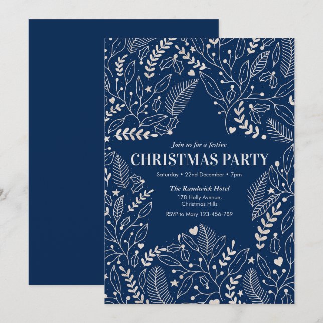 Navy Christmas party Invitation stars and holly (Front/Back)