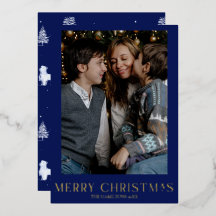 Navy Christmas Photo Gold Foil Winter Toile 
